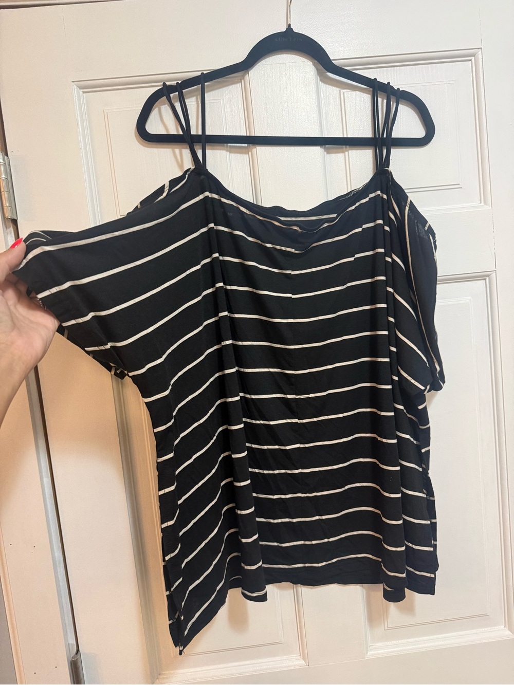 SHEIN Black and White Striped Cold-Shoulder Spaghetti Strap Top